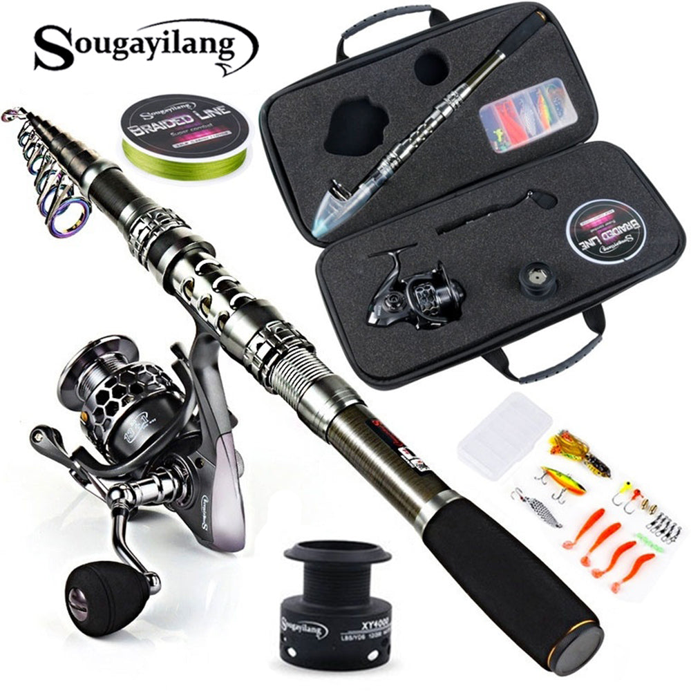 Sougayilang Telescopic Fishing Rod With Spinning Reels Combos Fishing Reel Pole Lure Line Bag Sets Kit For Travel Fishing Tackle