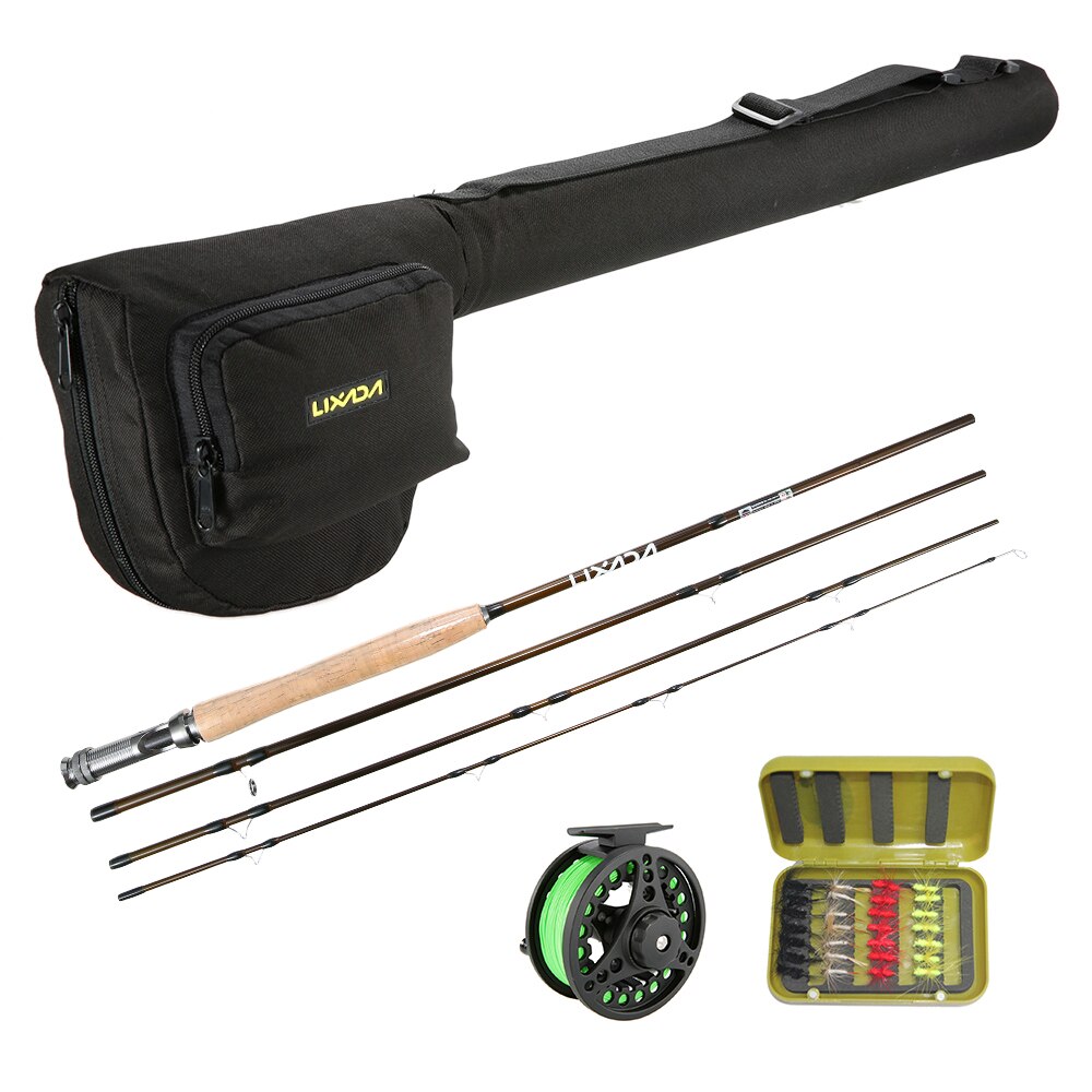 Lixada 4Pcs Portable Fishing Rod Reel Combo Kit Carbon Fly Fishing Rod 2+1BB Spinning Reel Fly Box With 16 Flies Fishing Tackle