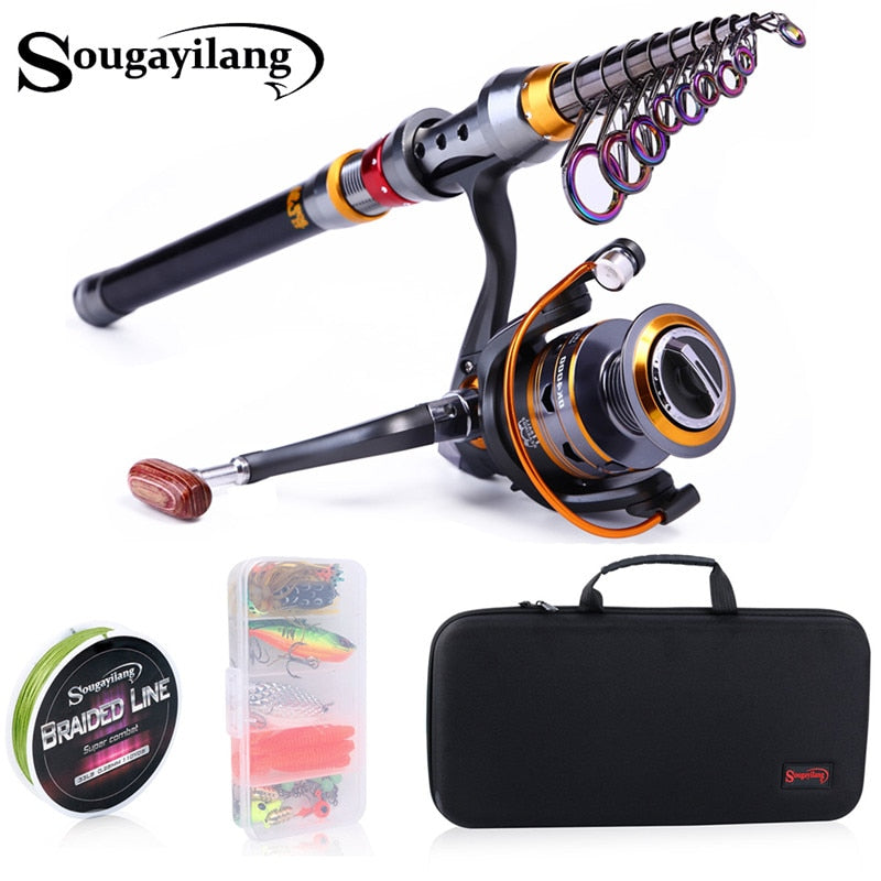 Sougayilang Portable Telescopic Fishing Rod Combo Carbon Fiber Spinning Fishing Reel PE Fishing Line Hook Lure Full Kit