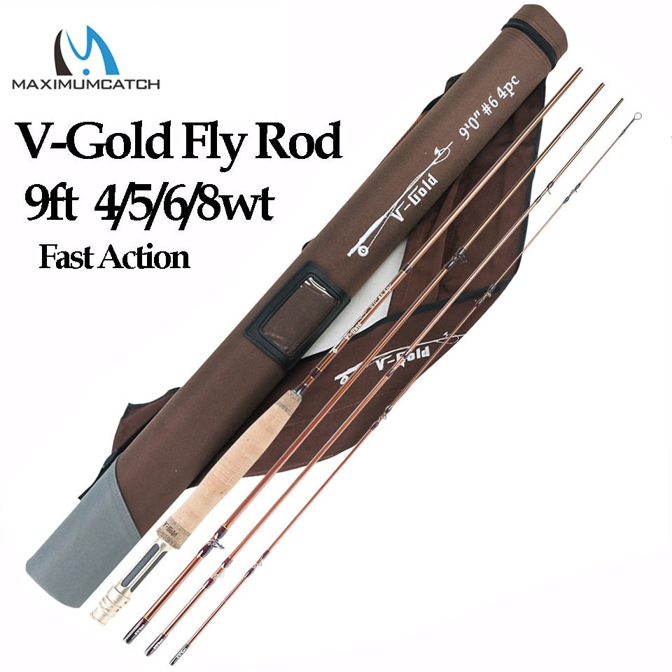 Maximumcatch V-Gold 9FT 4/5/6/8WT Fly Fishing Rod 4Pcs Fast Action Pacbay Guides Fly Rod with a Triangle Cordura Rod Tube